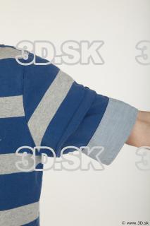 Upper body striped blue gray shirt blue jeans shorts black…
